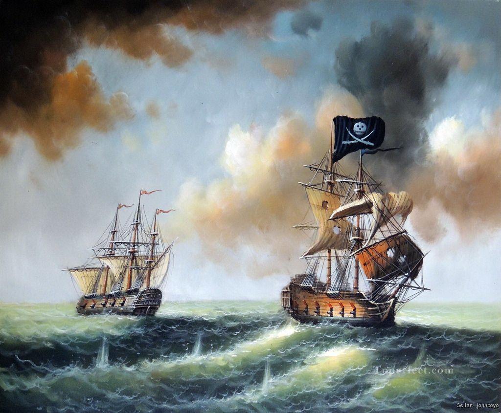 pirate fighting on sea battleships Oil Paintings